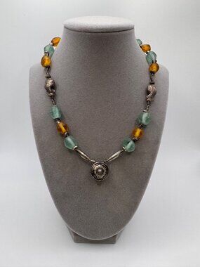 Vintage Artisan Glass Bead Necklace Fish Silver 925 Findings Boho Tribal